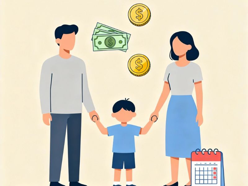 prikaz roditelja koji drže dete sa obe strane i novac koji je sinonim za alimentaciju kao i kalendar sa određenim datumom