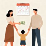 prikaz žene, muža i deteta i žene koja pruža novac za alimentaciju