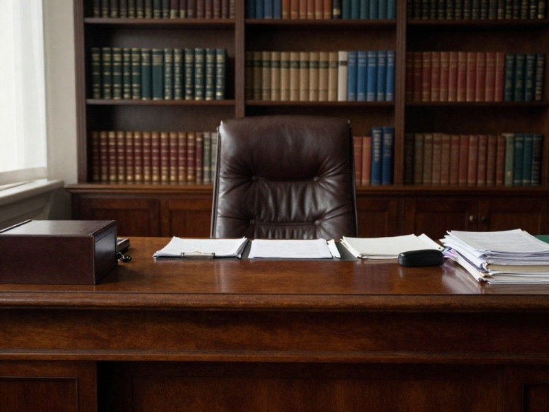 Radni sto u advokatskoj kancelariji sa uredno složenim dokumentima i policama sa knjigama u pozadini